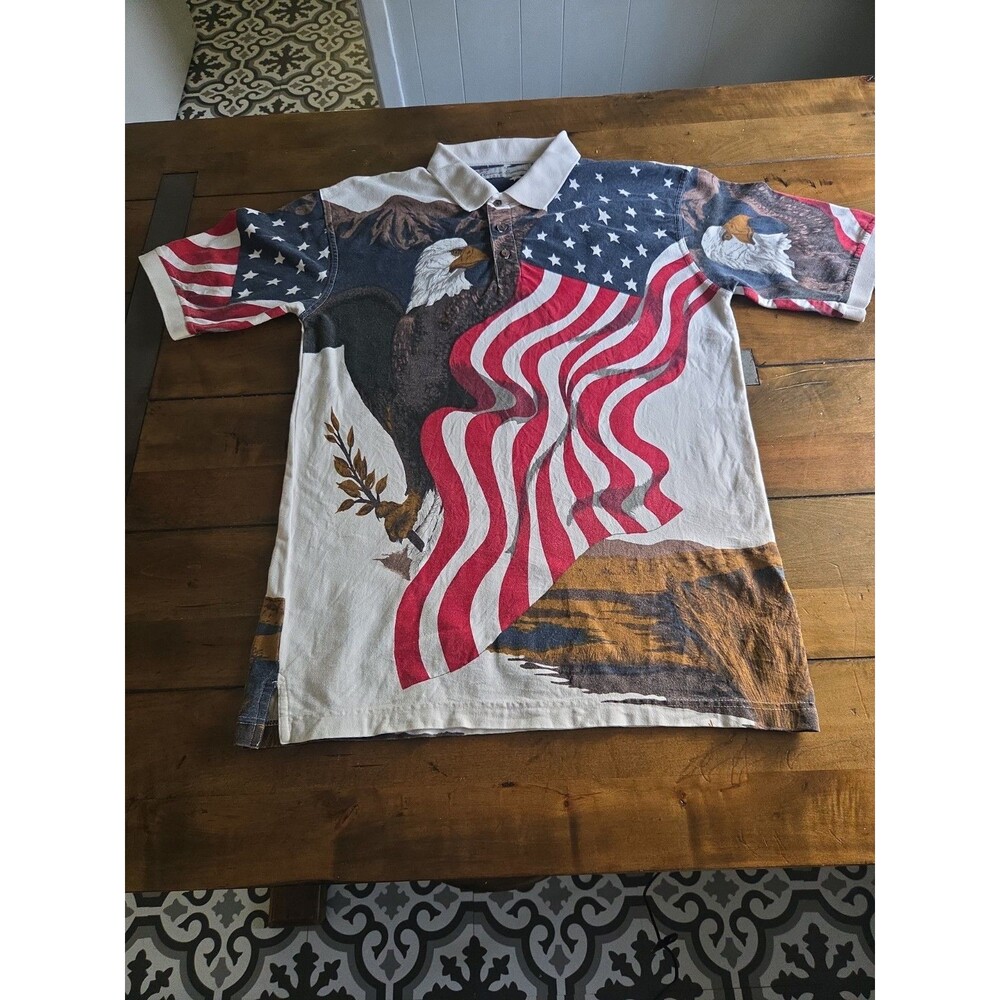 Vintage American Summer Patriotic Polo Shirt Mens M Flag Bald Eagle AOP Medium